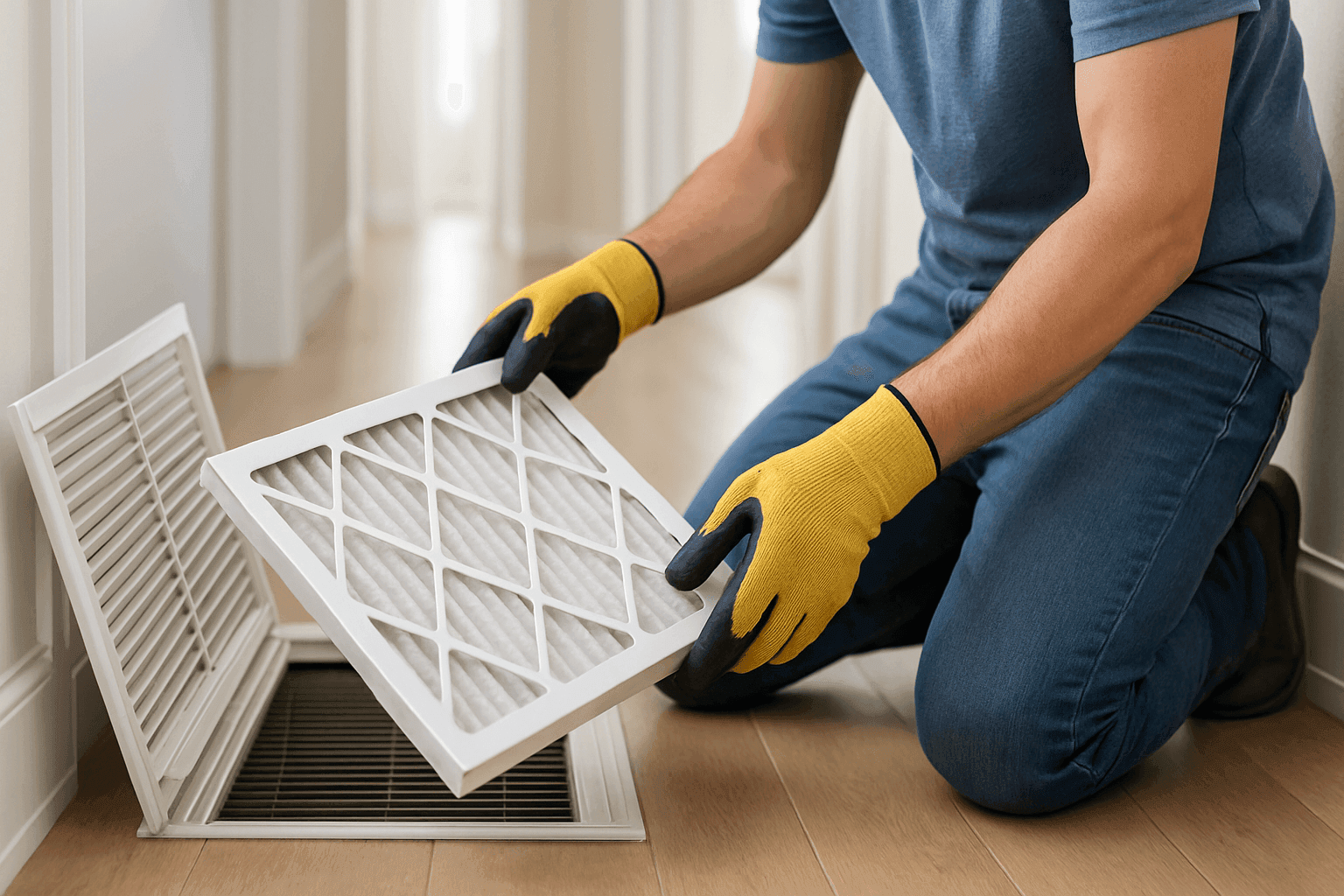 Homeowner changing AC filter in a modern home
