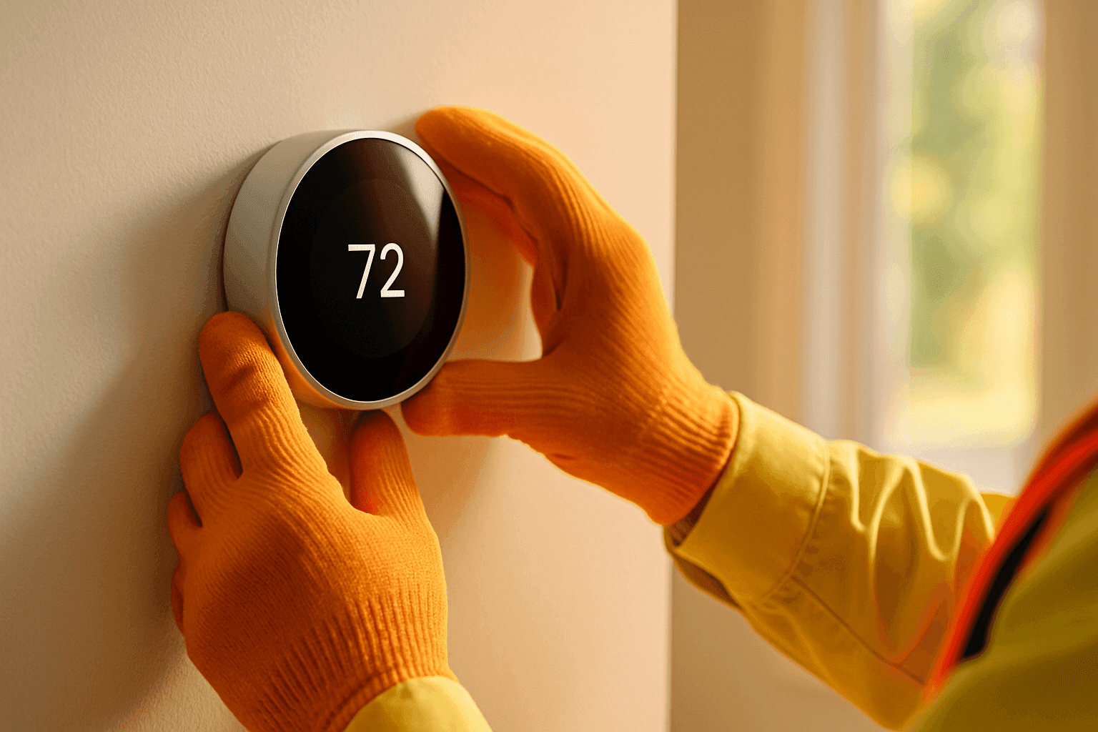 Technician installing smart thermostat on home wall