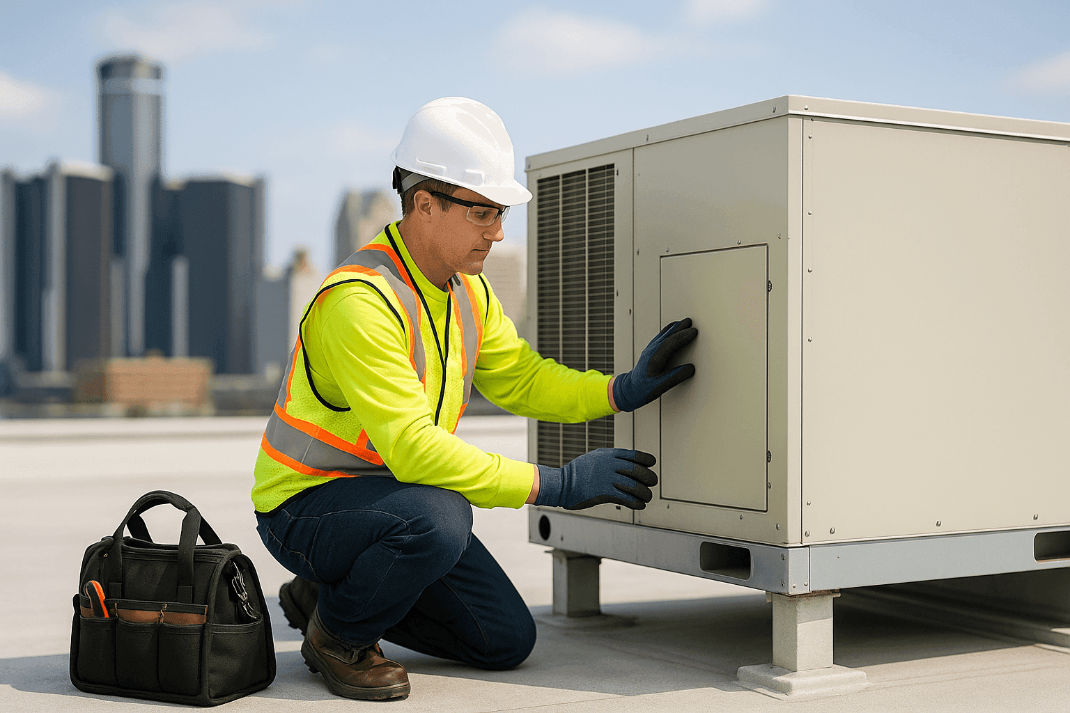 Técnico realizando mantenimiento preventivo en una unidad HVAC comercial en la azotea