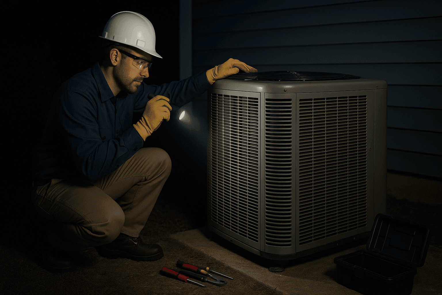 Technician in PPE assessing HVAC unit during emergency call