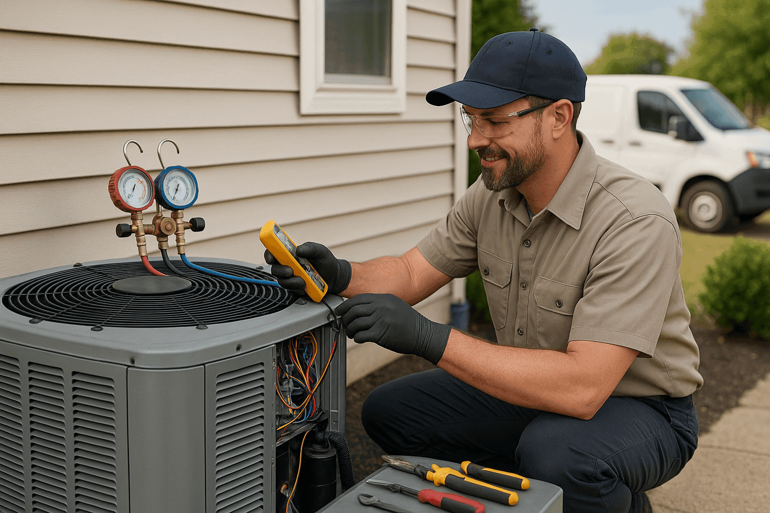 HVAC technician performing maintenance on an outdoor HVAC unit