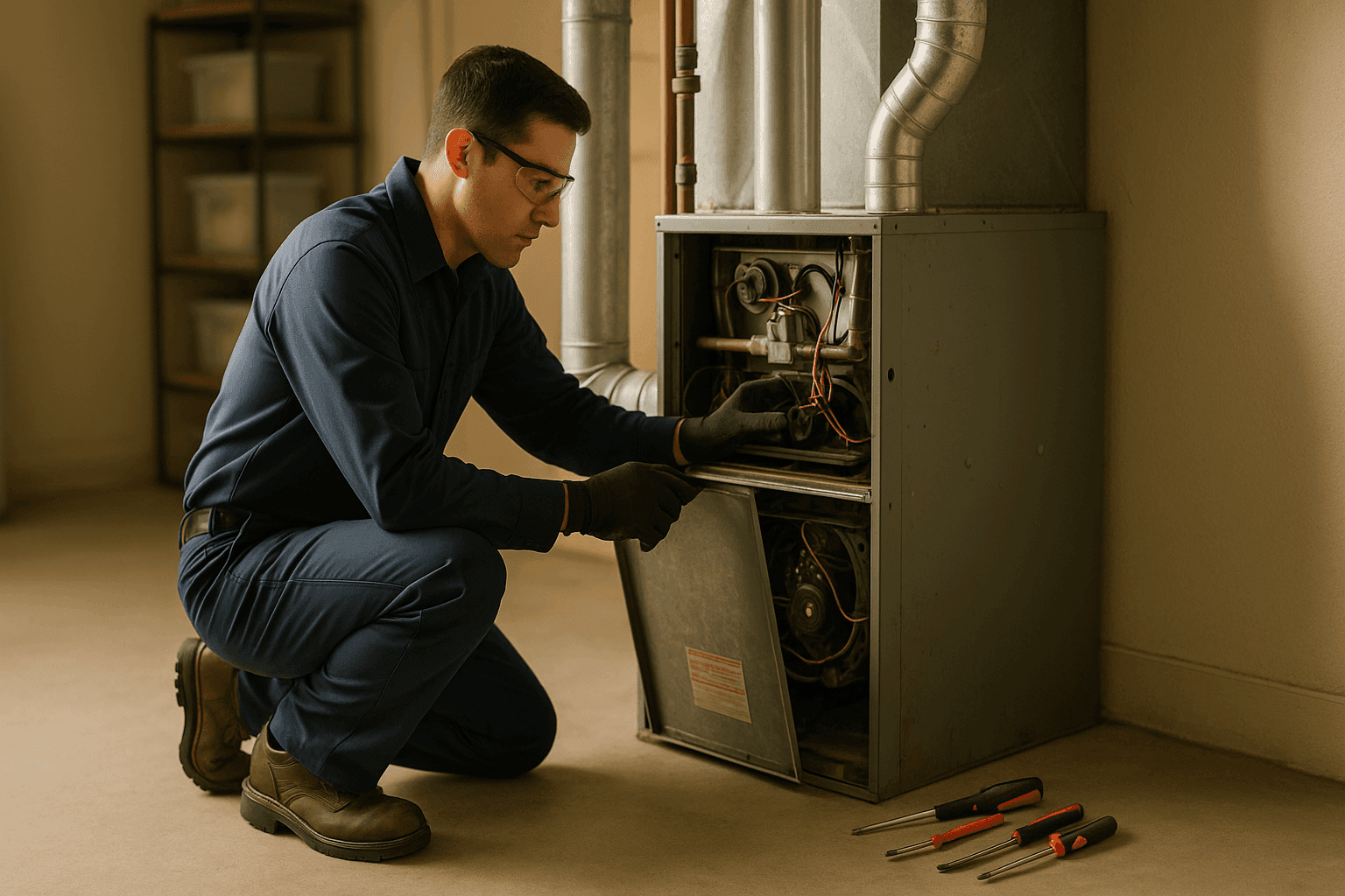 Technician inspecting old furnace in residential basement