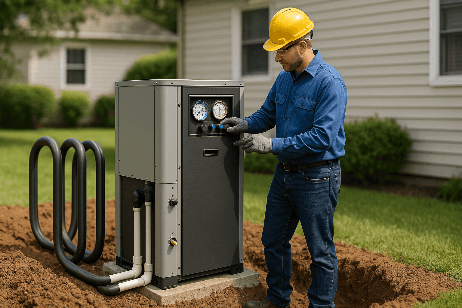 Technician overseeing geothermal HVAC installation at residential site