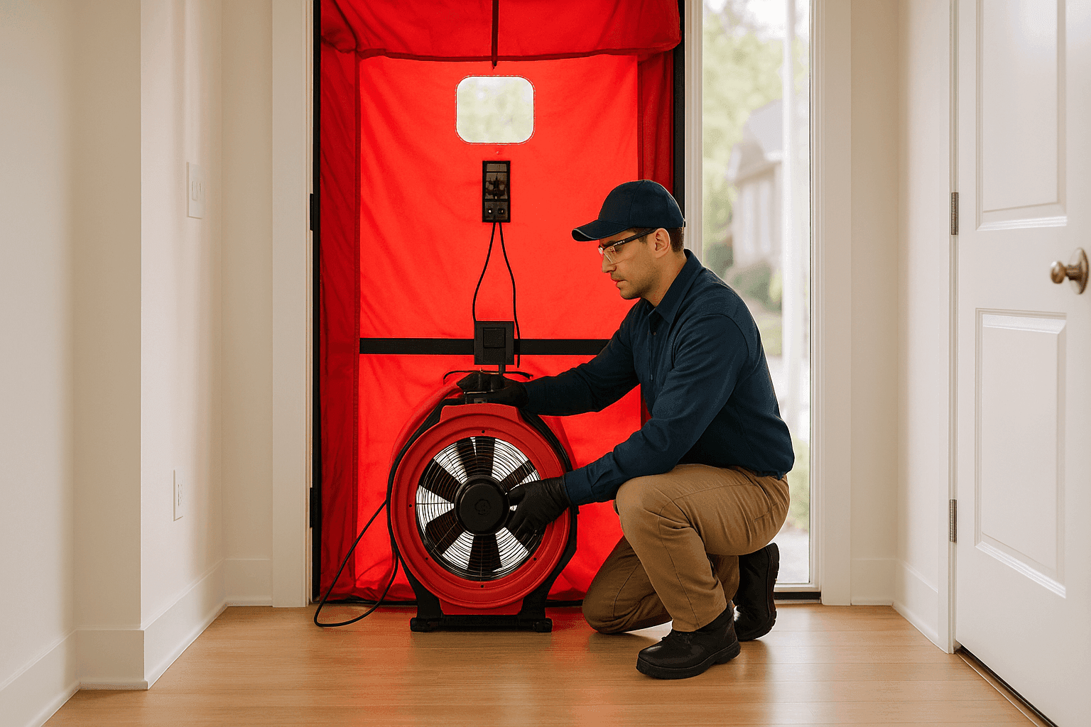 Technician performing blower door test during home energy audit