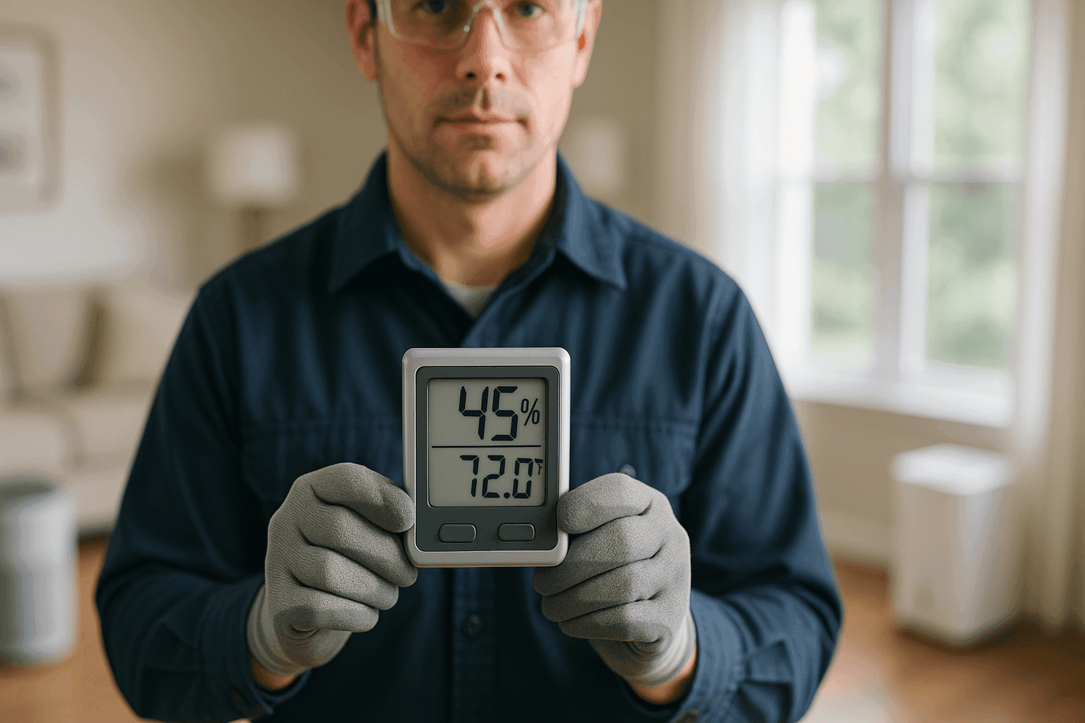 Technician measuring indoor humidity with digital hygrometer