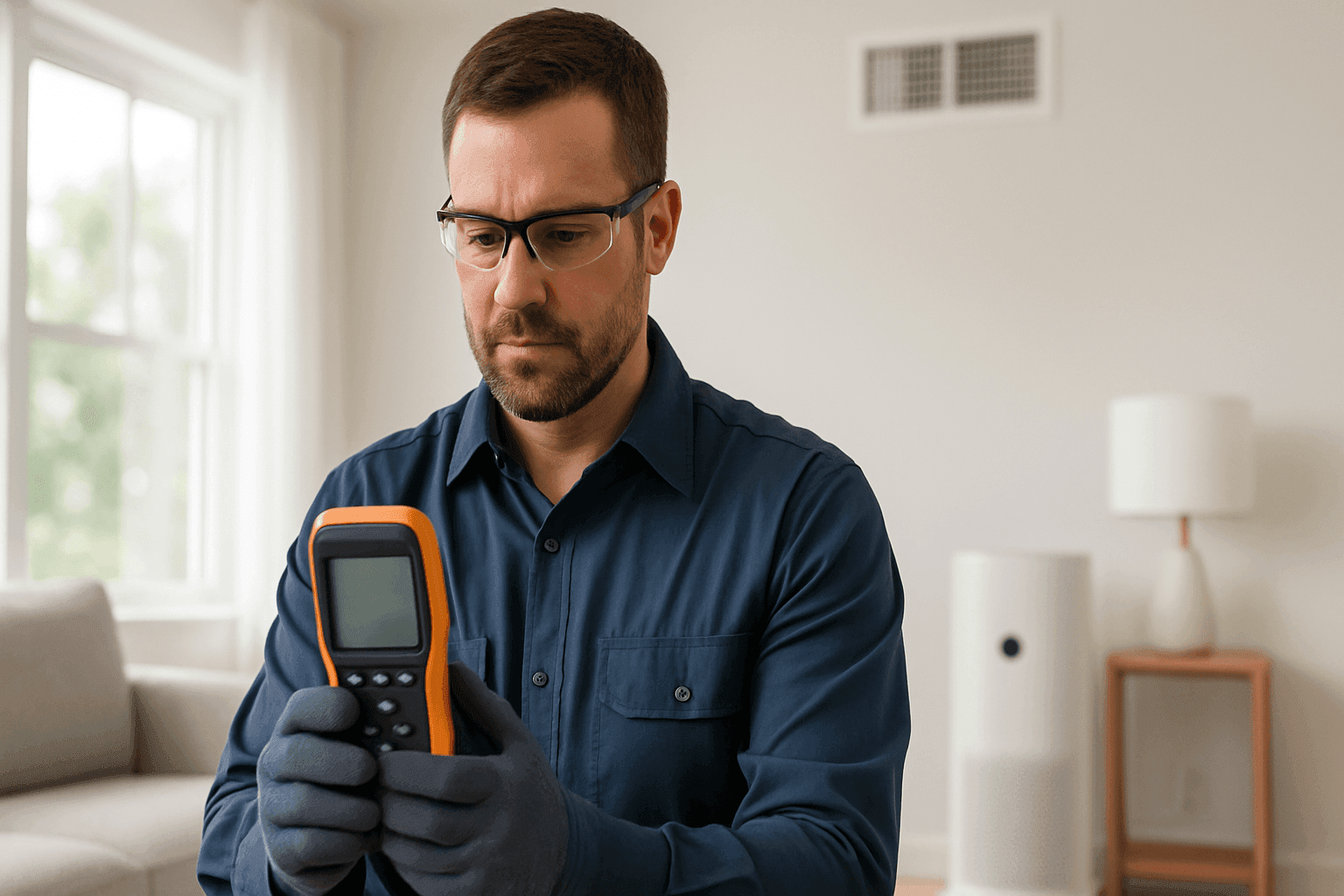 Technician testing indoor air quality with professional equipment