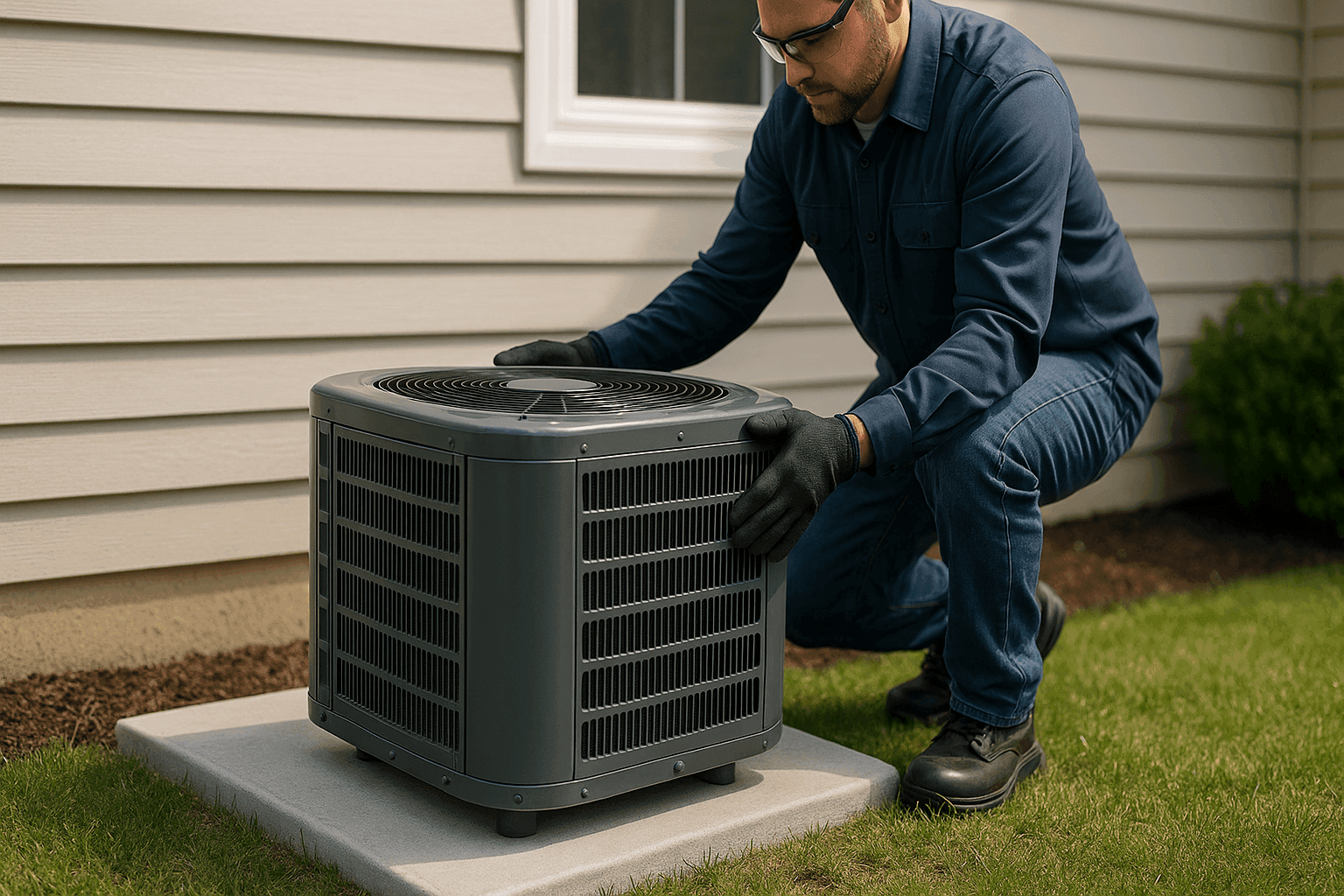 Technician installing new outdoor AC unit on a concrete pad