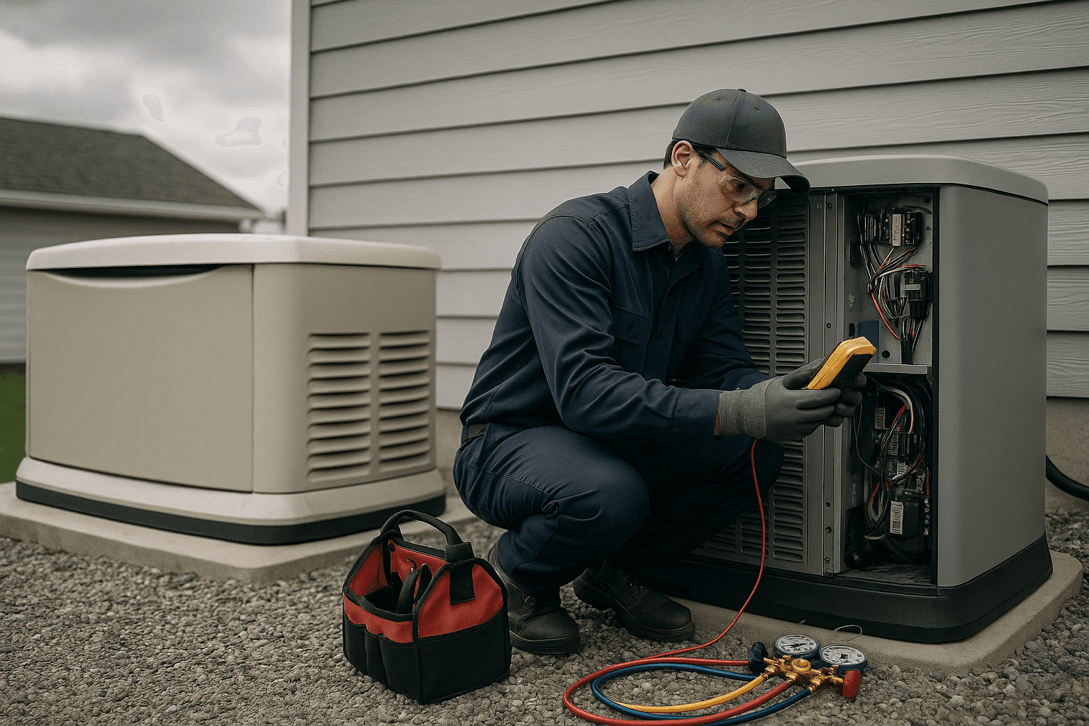 Homeowner inspecting HVAC system near standby generator during power outage