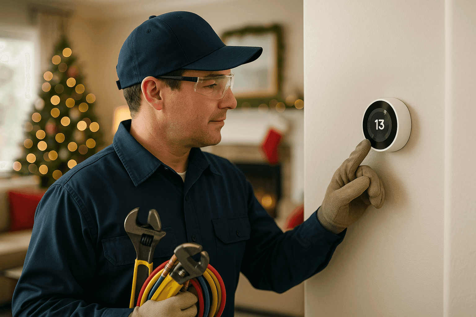 HVAC technician adjusting thermostat in a home decorated for holidays