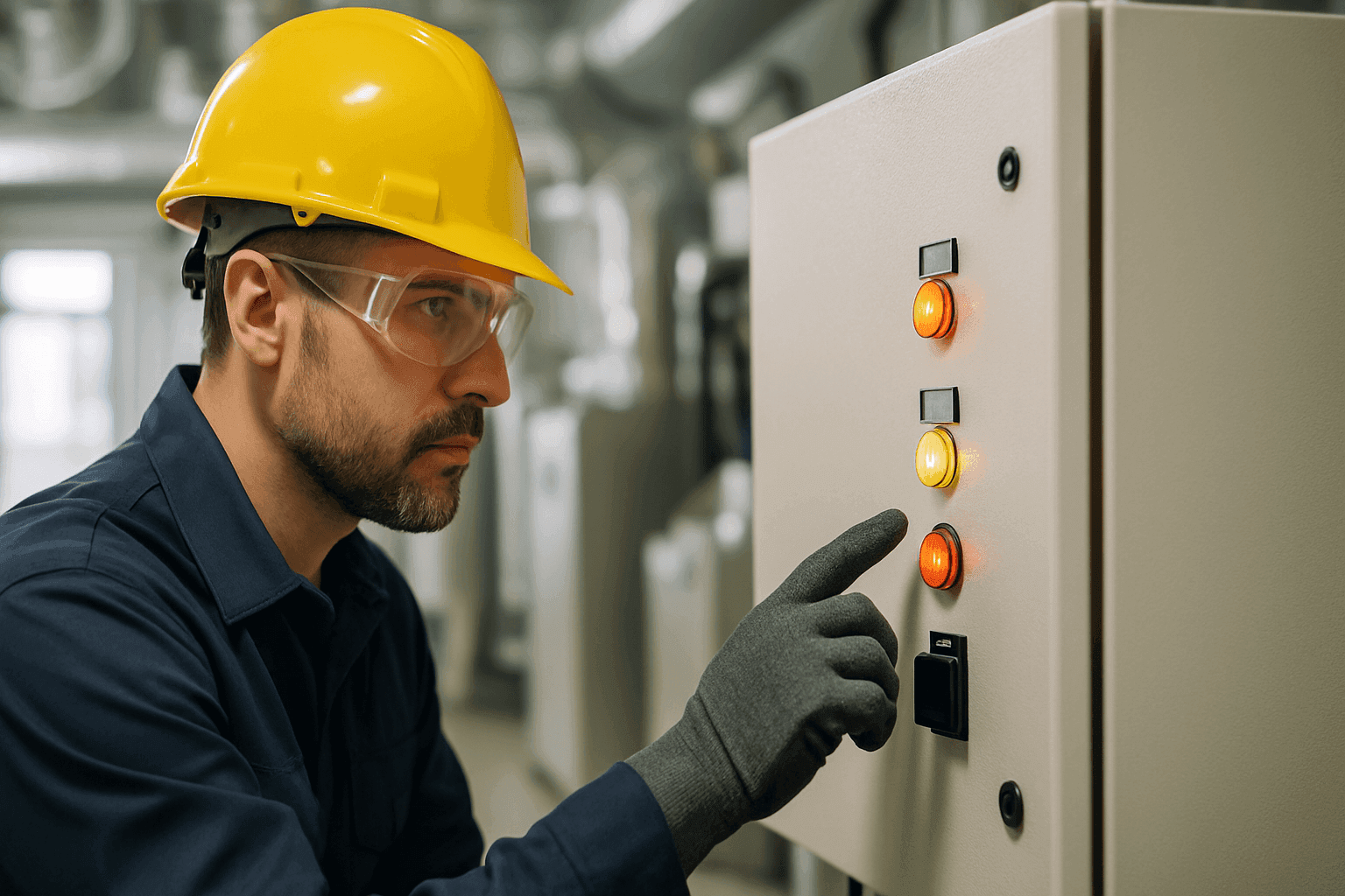 Technician inspecting malfunctioning HVAC unit with warning lights